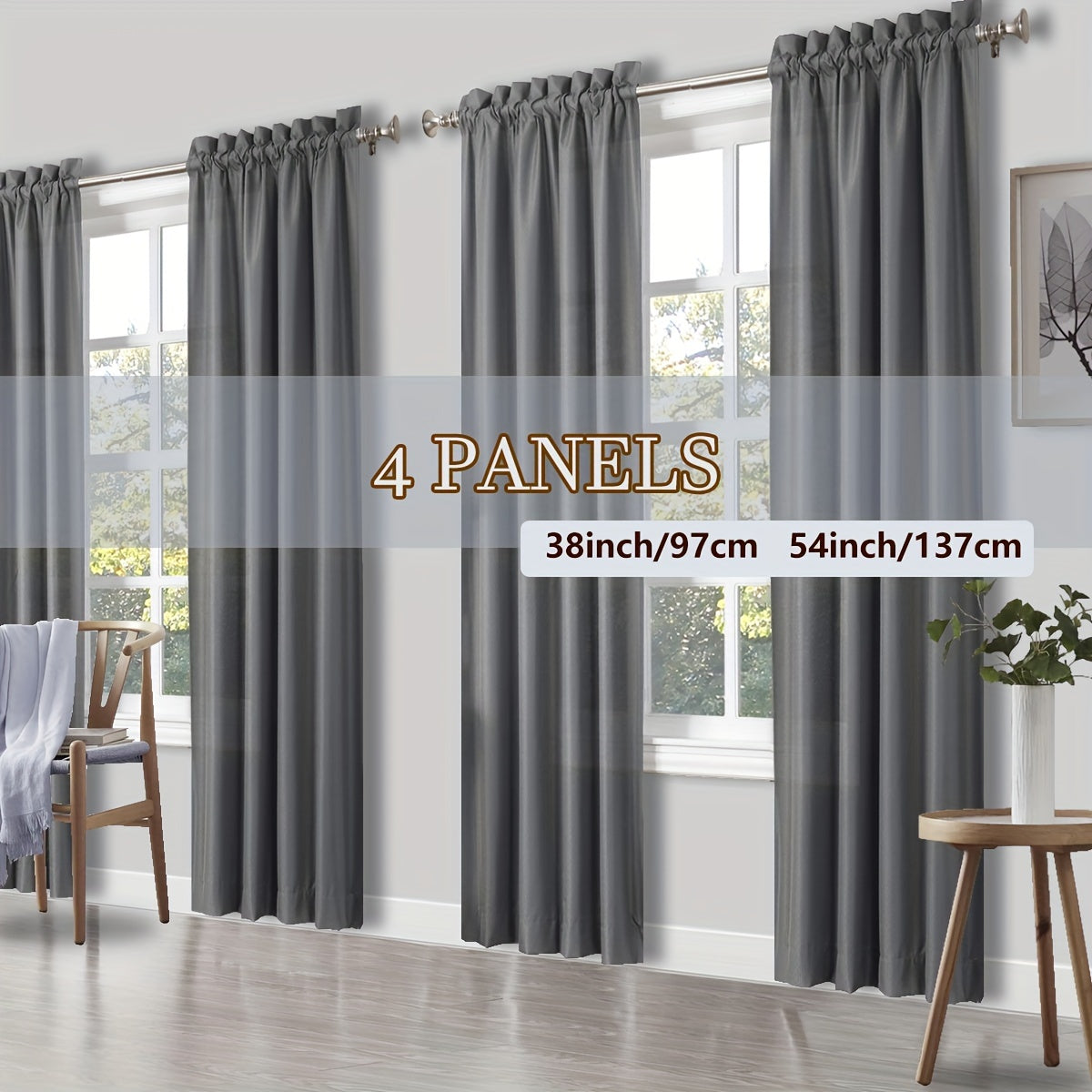 Rod Pocket Light Filtering Curtains 4 Panels Solid Color | Yarn-Dyed Fade Resistant Fabric | Easy 30-Second Install | Living Room Bedroom Office Patio Door | 10 Colors 8 Sizes 38-54 Wide 54-95 Long