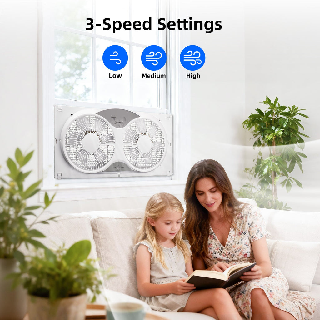 Twin Window Fan 9" - Reversible Airflow, 3 Speeds, 23.8"-37" Expandable Width, Exhaust & Intake - Remote or Timer - Home & Bedroom