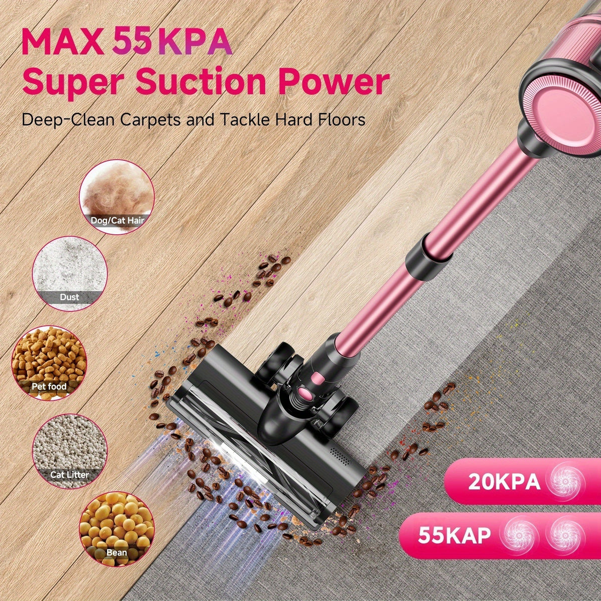 Cordless Vacuum Cleaner 8-in-1 Lightweight Wireless Stick Vacuum for Hardwood Floor, Carpet & Pet Hair, Home Essential Cleaning Gadgets for Housekeeping, Golden Black Pink White Yellow