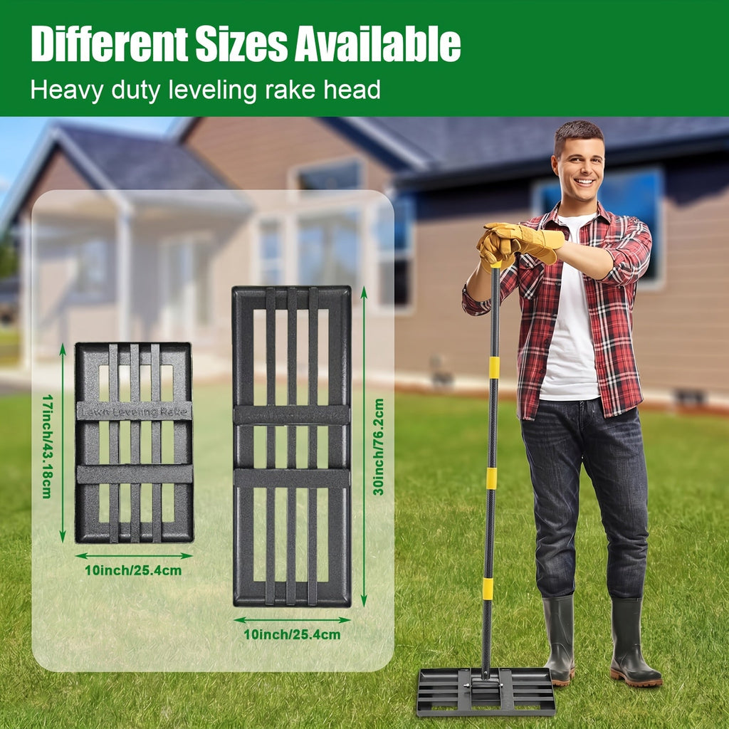 Heavy Duty Lawn Leveling Rake 30x10 or 17x10 Inch Stainless Steel Leveler Reinforced Welds 5-6 Ft Handle Anti-Flip Smooth Edge for Soil Dirt Yard Top Dressing & Landscaping