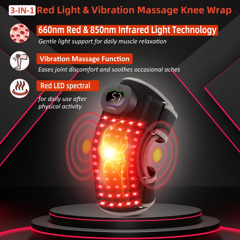 Red Light Therapy Knee Brace 660nm 850nm Infrared 3 Vibration Levels 5 Light Modes Post-Workout Joint Relief Muscle Recovery for Knee Elbow Shoulder with Extension Band Black